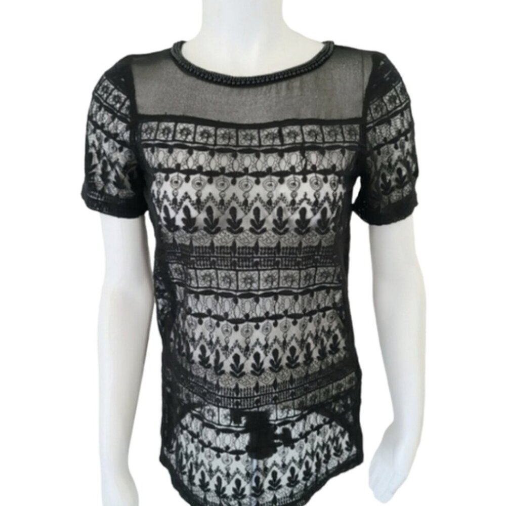 ZARA Black Sheer Lace Tee XS Beaded Neckline Mesh Nylon Punk Goth Sexy Top - Picture 2 of 14